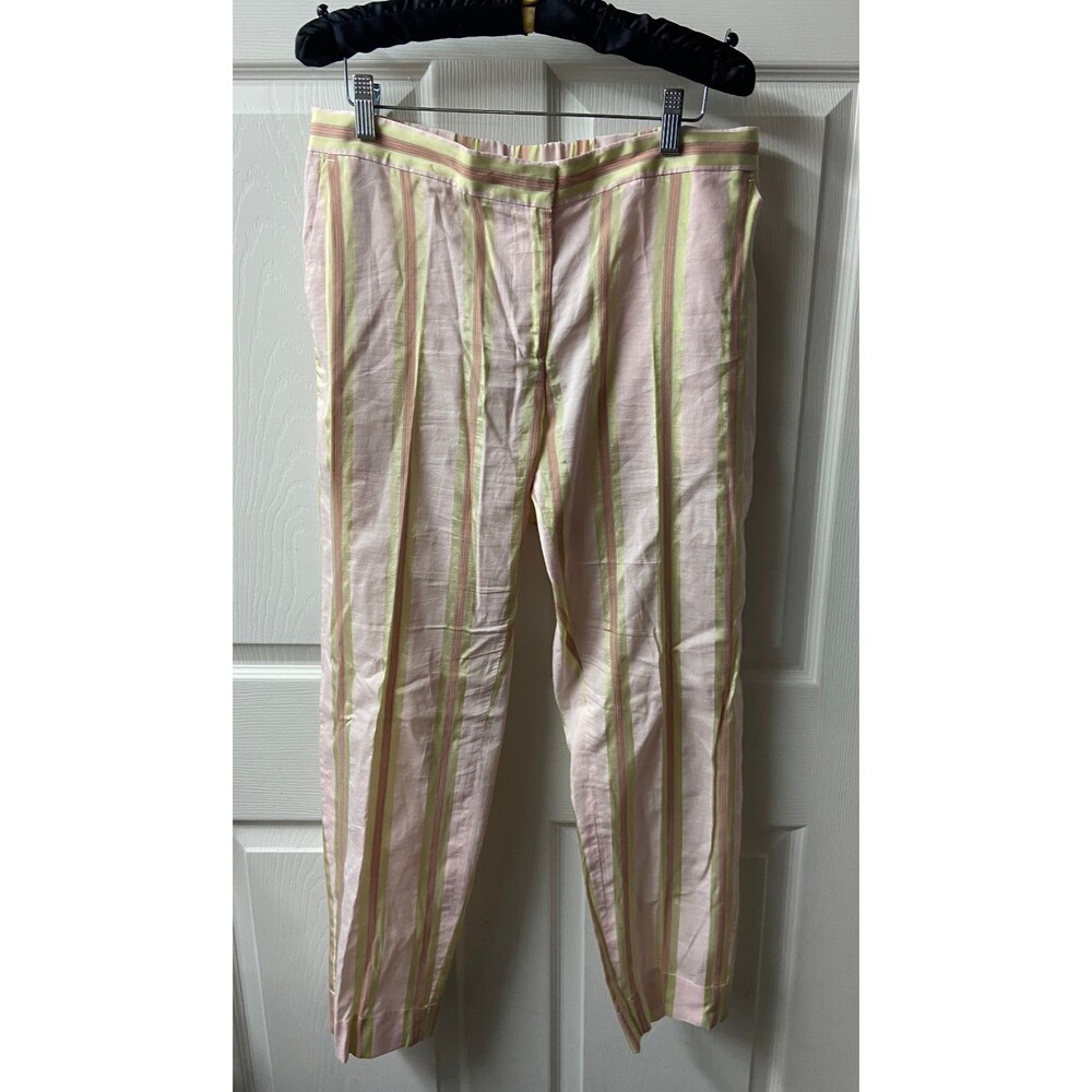 Per Se by Carlisle Ankle Pants 8 Silk Blend Pink Green Striped Tapered Cropped